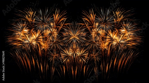 A dazzling display of golden fireworks bursts against a black night sky, captured in perfect symmetry.