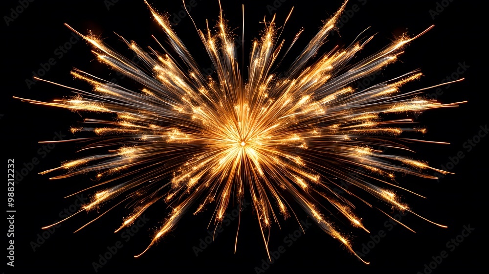 Obraz premium A dazzling display of golden fireworks bursts against a black night sky, captured in perfect symmetry.