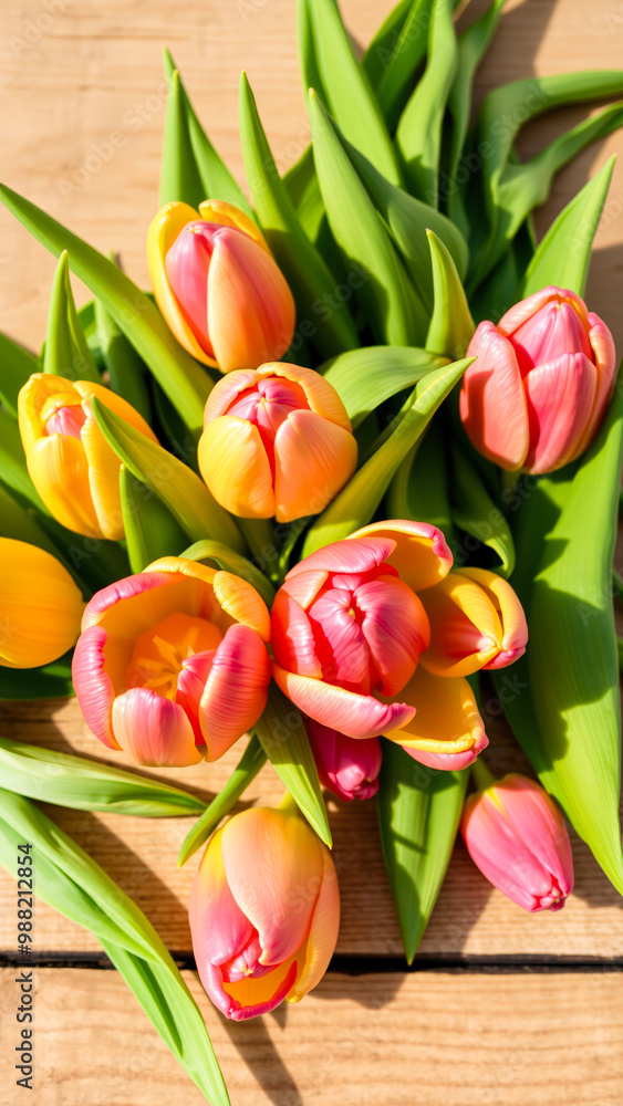 Fototapeta premium Close Up of Pink and Yellow Tulips on Wooden Background