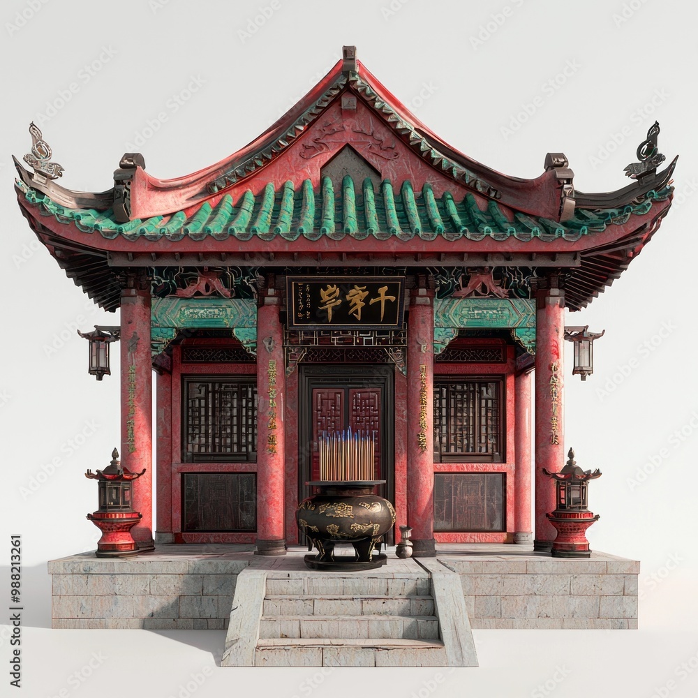 3D Render of a Chinese temple with a large incense burner at the entrance, on isolated white background 3D Render of a Chinese temple with a large incense burner at the entrance, on isolated white background