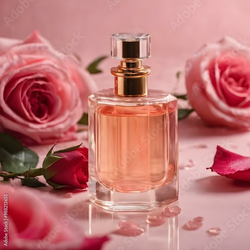 A rose-shaped perfume bottle surrounded by fresh, dewy roses on a light pink background 