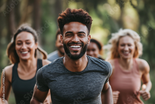 A group of people running in a park, a man in the center is smiling