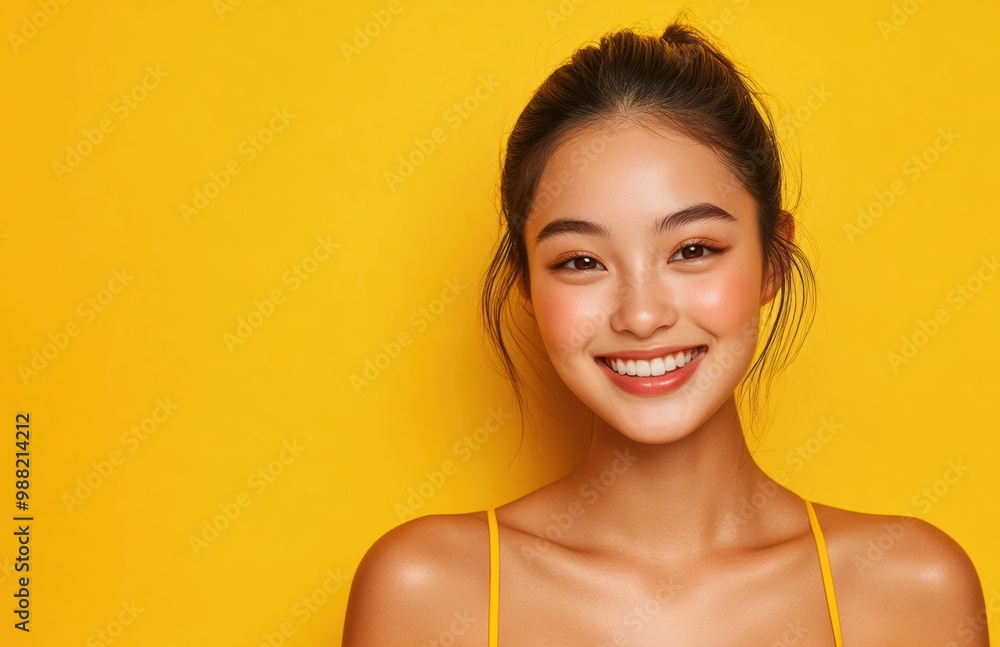 Smiling brightly in a yellow attire, a young woman radiates confidence and cheerfulness, showcasing a stylish and lively spirit. Smiling brightly in a yellow attire, a young woman radiates confidence and cheerfulness, showcasing a stylish and lively spirit.