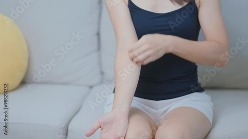 woman itching and scratching itchy arm. Sensitive Skin Allergic reaction to insect bite, food, drug dermatitis. Dermatology, Leprosy day, Systemic lupus erythematosus, Allergy symptoms and rash Eczema photo