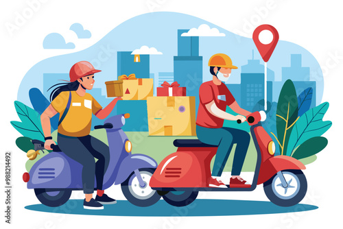 Two couriers navigate scooters, delivering packages in a vibrant city backdrop filled with buildings and greenery.
