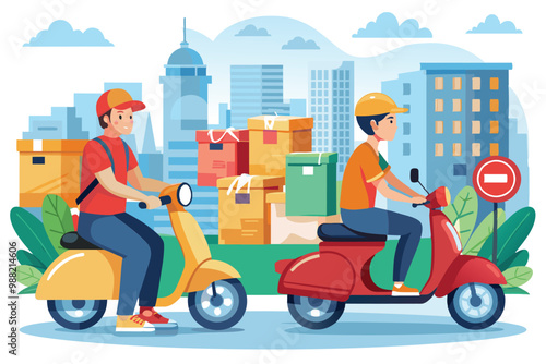 Two couriers transport delivery boxes on scooters through a bustling city, showcasing their role in the fast-paced delivery service.