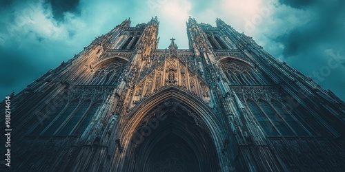 Gothic Cathedral Elegance, showcasing intricate architectural details against a softly blurred cloudy sky backdrop photo