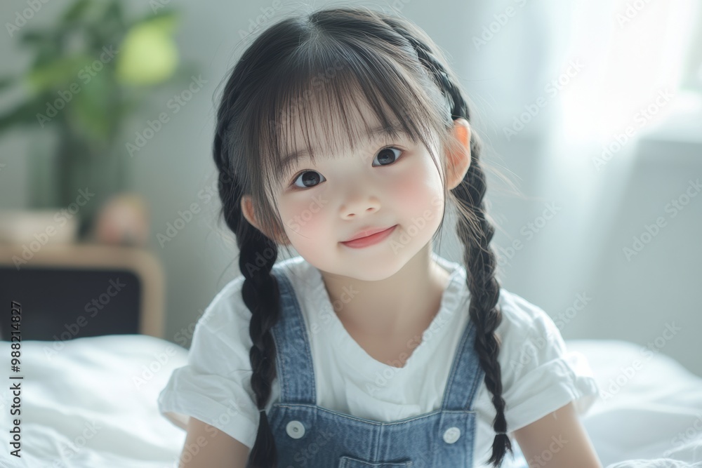 A joyful, braided Asian girl jumps energetically on a bed in a cozy room, reflecting the playful spirit that is perfect for promoting children’s products or family-oriented content. A joyful, braided Asian girl jumps energetically on a bed in a cozy room, reflecting the playful spirit that is perfect for promoting children’s products or family-oriented content.