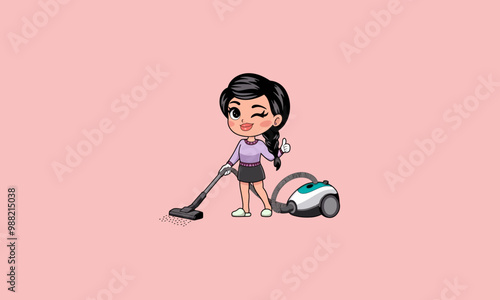 Girl vacuuming with thumbs up in cute cartoon style