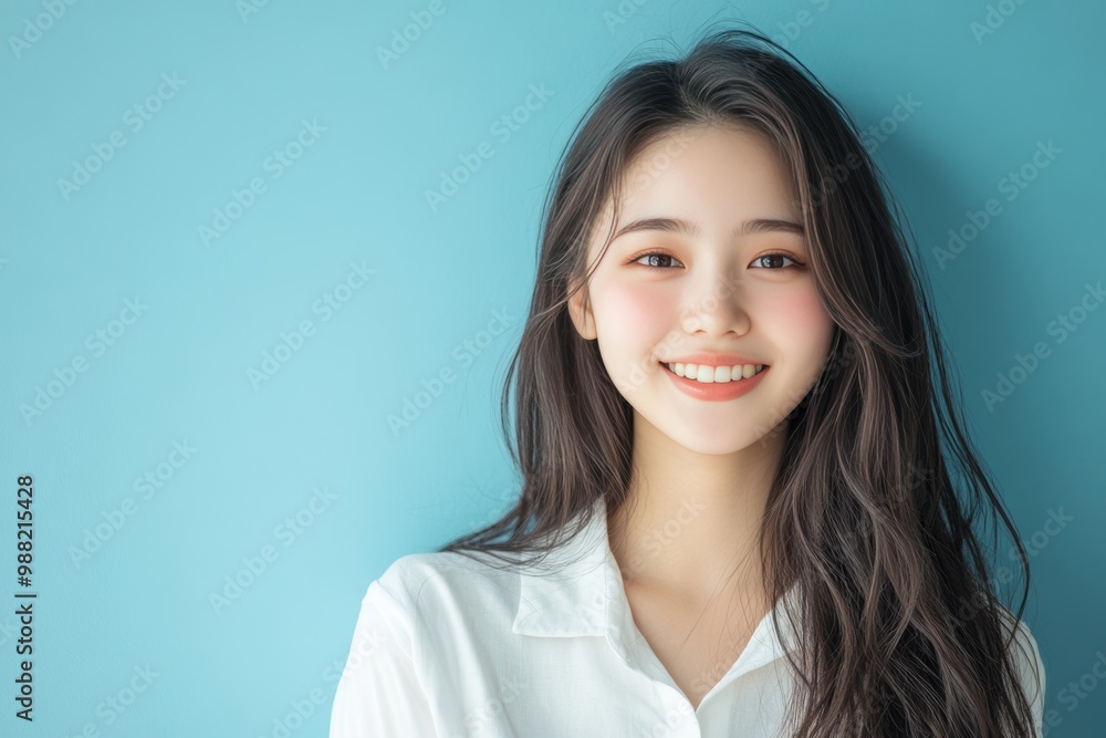 Beautiful Asian girl with long dark hair stands smiling warmly in front of a turquoise background. She is wearing a simple white shirt, exuding natural beauty and positivity. Beautiful Asian girl with long dark hair stands smiling warmly in front of a turquoise background. She is wearing a simple white shirt, exuding natural beauty and positivity.