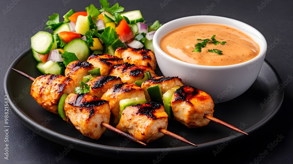 Grilled chicken skewers served with fresh salad and peanut sauce on a dark plate, perfect for culinary presentations. Grilled chicken skewers served with fresh salad and peanut sauce on a dark plate, perfect for culinary presentations.