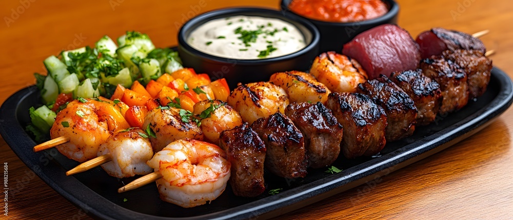 Delicious grilled skewers featuring a mix of shrimp, meat, and fresh vegetables served with dipping sauces. Delicious grilled skewers featuring a mix of shrimp, meat, and fresh vegetables served with dipping sauces.