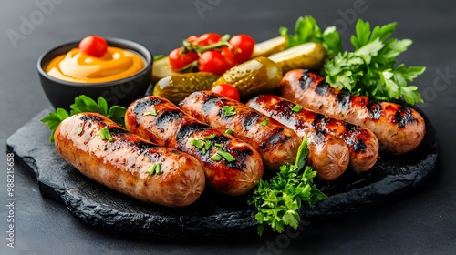 Delicious grilled sausages served with fresh garnishes, pickles, cherry tomatoes, and a bowl of mustard on a slate platter.