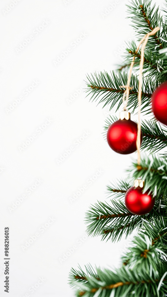 Christmas Tree Branch with Red Ornaments on White Background Christmas Tree Branch with Red Ornaments on White Background