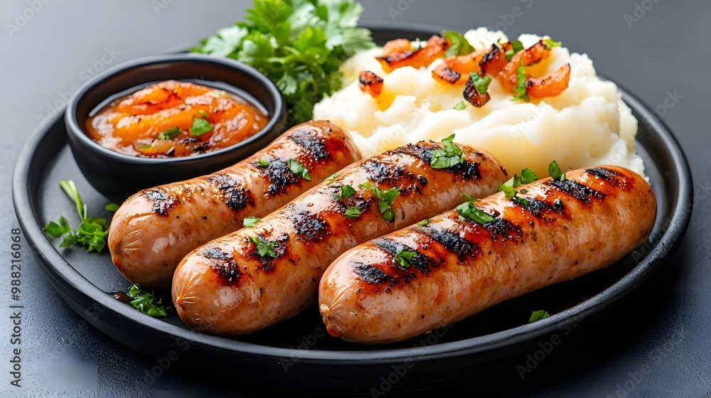 Grilled sausages served with creamy mashed potatoes and savory sauce, garnished with fresh herbs and a colorful condiment. Grilled sausages served with creamy mashed potatoes and savory sauce, garnished with fresh herbs and a colorful condiment.