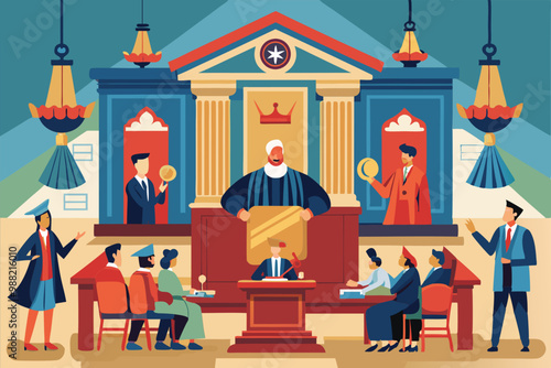 A court session unfolds with a judge presiding over the proceedings, while attorneys present their arguments and jurors observe attentively.