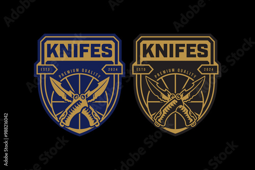 pocket knife, jack knife crossed retro badge logo design for camping, survivor, hunter and journey. folding knife, camp knife emblem logo collection for wanderlust and adventure