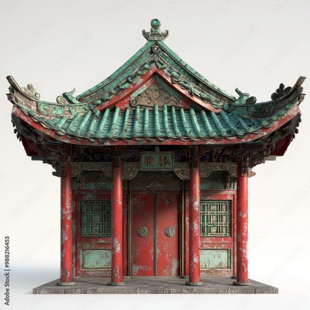 3D Render of a Chinese temple with a tiled roof and ornamental ridge decorations, on isolated white background 3D Render of a Chinese temple with a tiled roof and ornamental ridge decorations, on isolated white background