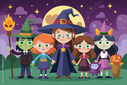 A colorful coven of witches stands together in a spooky forest, celebrating Halloween under a full moon, each accessorized with unique costumes.