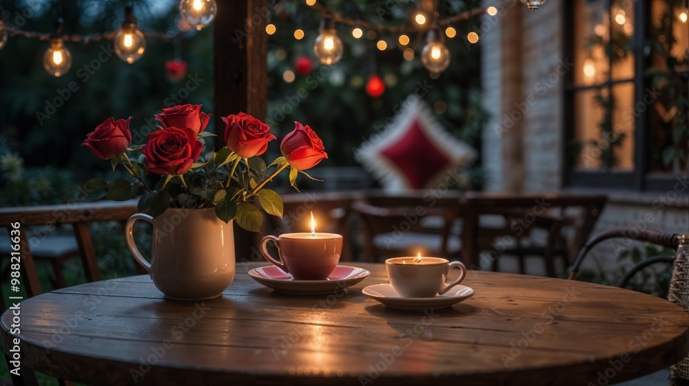 A romantic Valentine's night at a café. Fairy-lit trees, glowing lights, red roses, and heart-shaped décor on a cozy table with coffee cups. Warm lighting creates an intimate, dreamy atmosphere A romantic Valentine's night at a café. Fairy-lit trees, glowing lights, red roses, and heart-shaped décor on a cozy table with coffee cups. Warm lighting creates an intimate, dreamy atmosphere