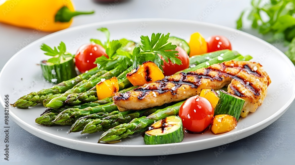 Delicious grilled chicken breast served with fresh vegetables and herbs on a plate, perfect for healthy meal inspiration. Delicious grilled chicken breast served with fresh vegetables and herbs on a plate, perfect for healthy meal inspiration.