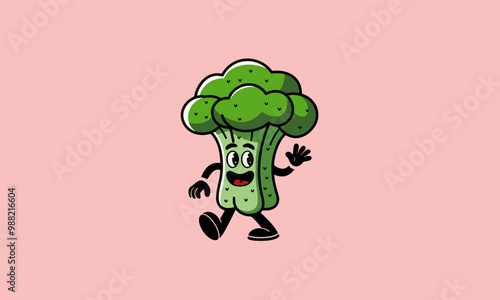 Happy broccoli character walking with a friendly wave