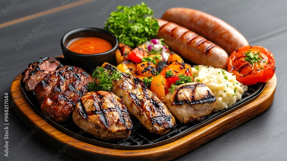 A mouthwatering platter featuring grilled meats, fresh herbs, and colorful vegetables, perfect for any barbecue gathering. A mouthwatering platter featuring grilled meats, fresh herbs, and colorful vegetables, perfect for any barbecue gathering.