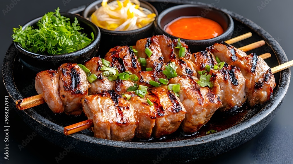 Grilled skewers of marinated meat served with fresh greens and spicy sauce, perfect for a delicious meal or party platter. Grilled skewers of marinated meat served with fresh greens and spicy sauce, perfect for a delicious meal or party platter.