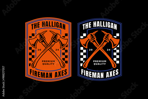 firefighter axes, fireman ax retro badge logo design for survivor, rescuer and journey. hatchet, halligan bar, handspike emblem logo collection for wanderlust and firefighter