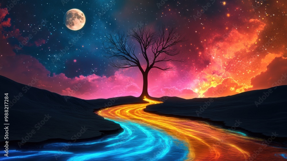 Fototapeta premium Enchanted Neon Rivers: Surreal Fantasy World of Glowing Trees and Vibrant Waters