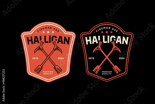 firefighter halligan bar, fireman axe retro badge logo design for fireman, survivor, rescuer and journey. halligan bar, crowbar, handspike emblem logo collection for wanderlust and firefighter