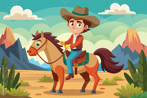 A cheerful cowboy rides his horse, exploring a vibrant western landscape with mountains and clouds under the bright blue sky.