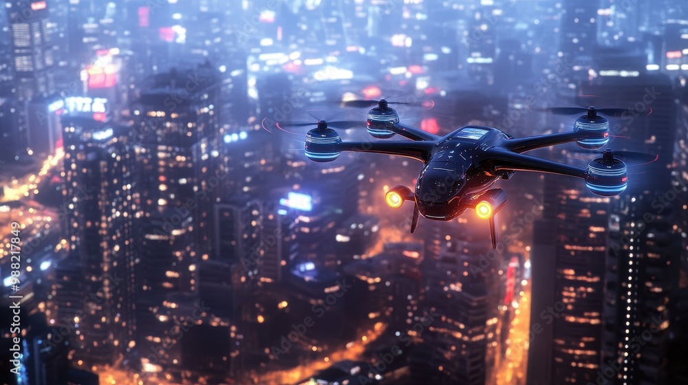 Fototapeta premium Drone Over Futuristic City Skyline in the Night