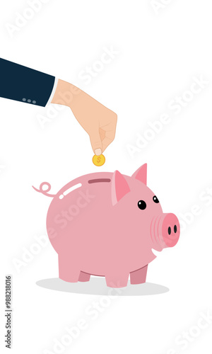 Pink piggy bank with business hand is putting coin for saving moneys. Vector Business Illustration.