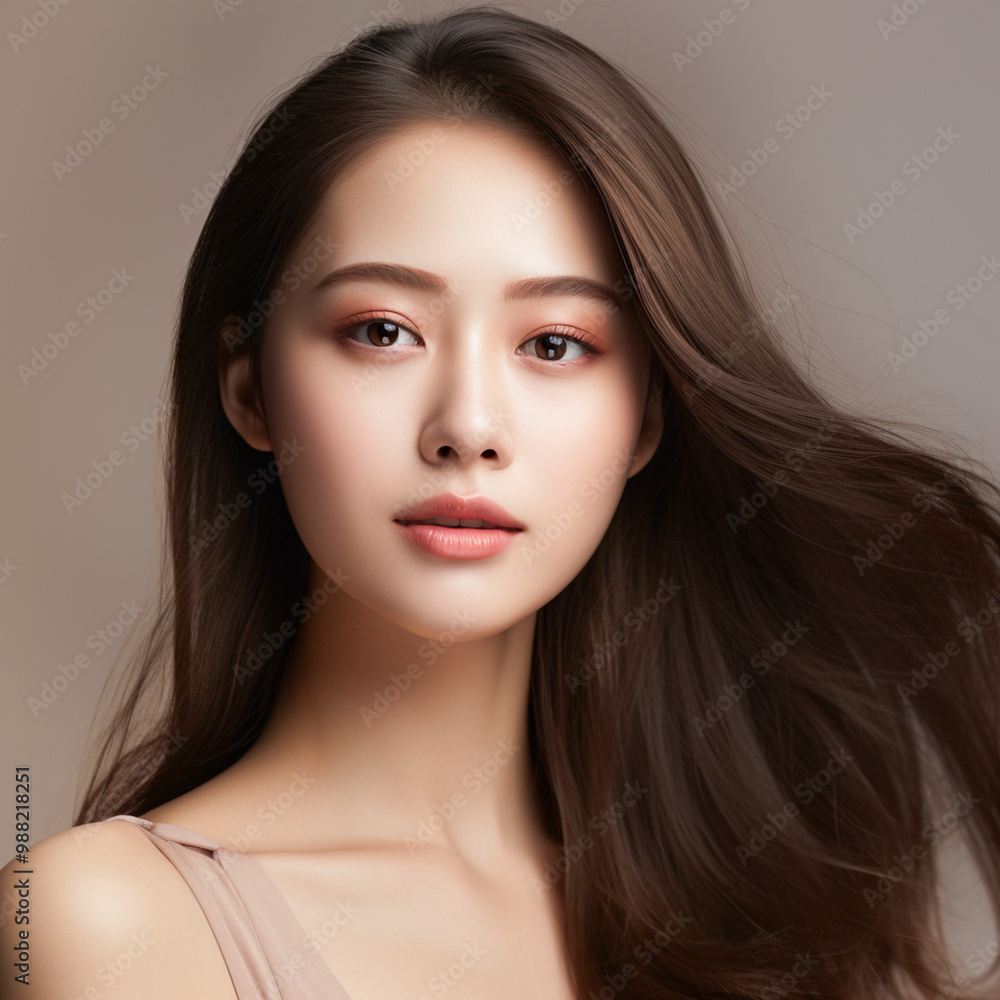 Young Asian beauty woman long hair with korean makeup style touch her face and perfect skin on isolated beige background Facial treatment Cosmetology plastic surgery Young Asian beauty woman long hair with korean makeup style touch her face and perfect skin on isolated beige background Facial treatment Cosmetology plastic surgery