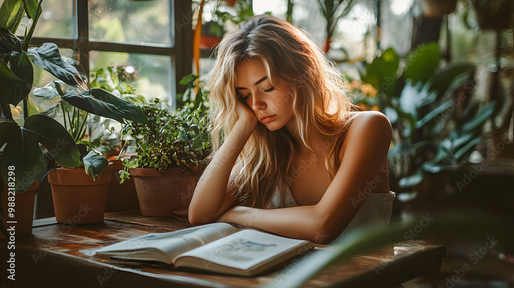 Girl Reading in a Serene Indoor Garden Setting Girl Reading in a Serene Indoor Garden Setting