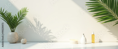 Minimalist Bathroom Still Life with Palm Leaf Shadow
