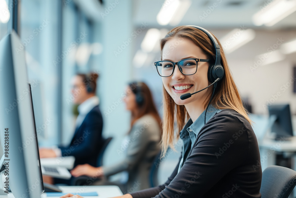 Smiling Woman Working in Customer Support Office.generative AI Smiling Woman Working in Customer Support Office.generative AI