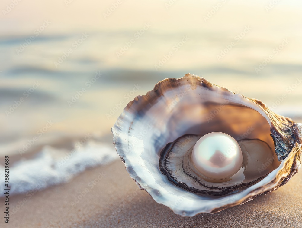 A beautiful pearl nestled inside an open oyster shell on a tranquil beach with gentle waves in the background. A beautiful pearl nestled inside an open oyster shell on a tranquil beach with gentle waves in the background.