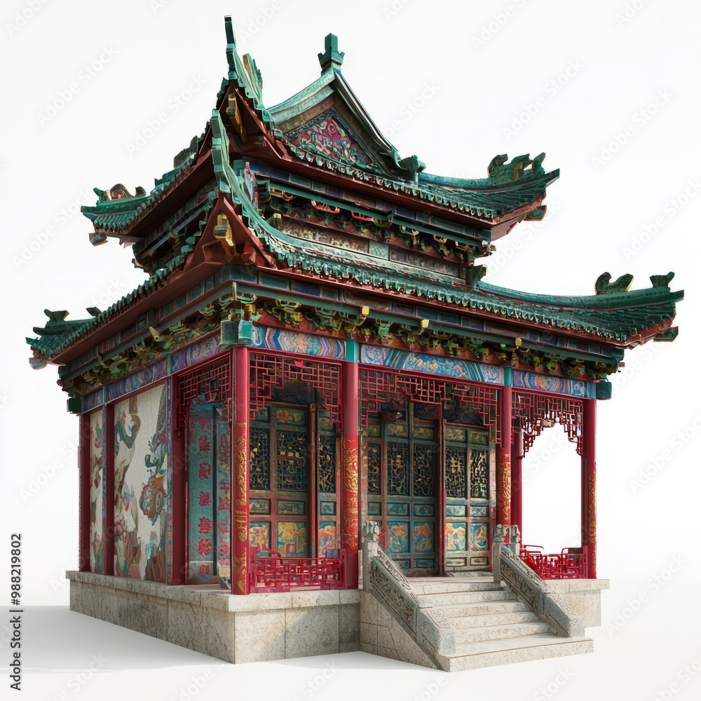 3D Render of a Chinese temple with colorful frescoes on the walls, on isolated white background 3D Render of a Chinese temple with colorful frescoes on the walls, on isolated white background