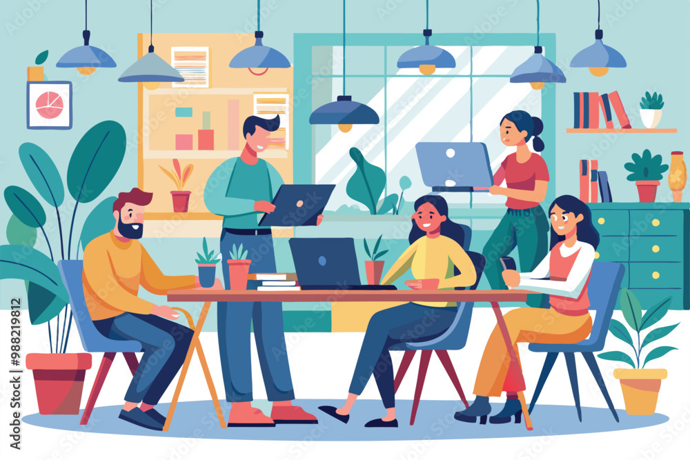 Coworkers collaborate in a vibrant coworking space filled with greenery, laptops, and casual discussion, fostering a productive atmosphere. Coworkers collaborate in a vibrant coworking space filled with greenery, laptops, and casual discussion, fostering a productive atmosphere.