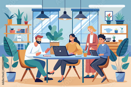 A group of coworkers collaborates in a bright office space, sharing ideas and working on laptops surrounded by plants and modern decor.