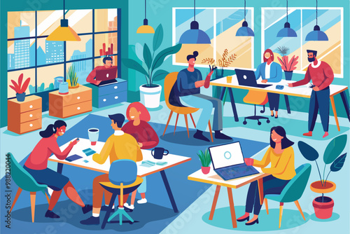 Professionals engage in diverse tasks at a vibrant coworking space, fostering collaboration in a bright, modern setting filled with plants and natural light.