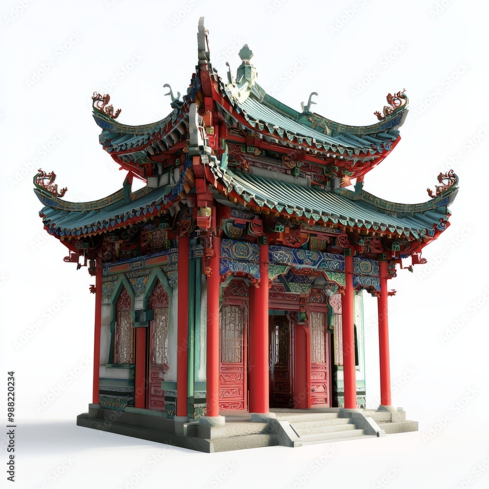 3D Render of a Chinese temple with curved roofs and ornate eaves, on isolated white background 3D Render of a Chinese temple with curved roofs and ornate eaves, on isolated white background