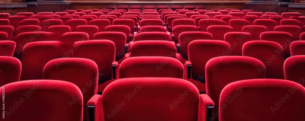 Obraz premium A captivating view of empty red theater seats arranged in neat rows, ideal for showcasing cinema or performance art settings.