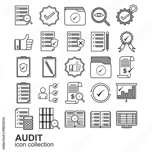 collection of outline icons with an Audit and check theme