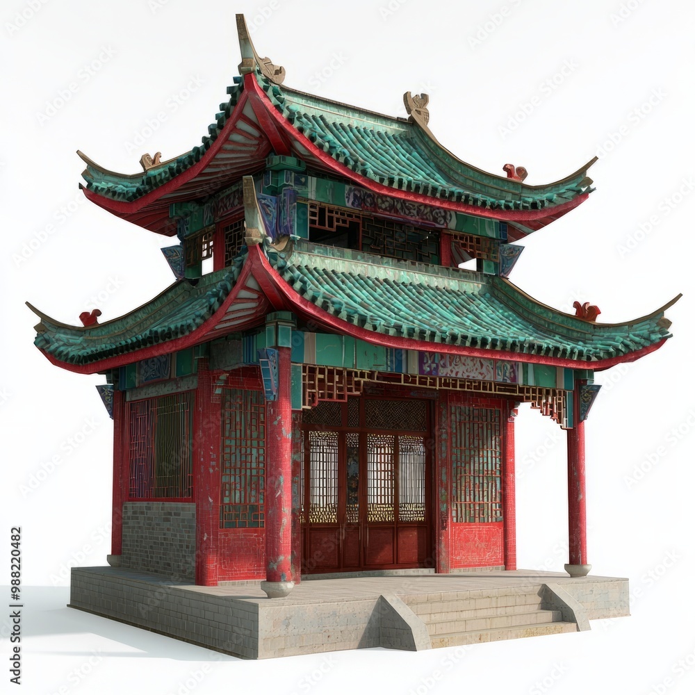 3D Render of a Chinese temple with curved roofs and ornate eaves, on isolated white background 3D Render of a Chinese temple with curved roofs and ornate eaves, on isolated white background