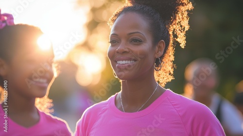 A woman and her family preparing for a breast cancer awareness walk