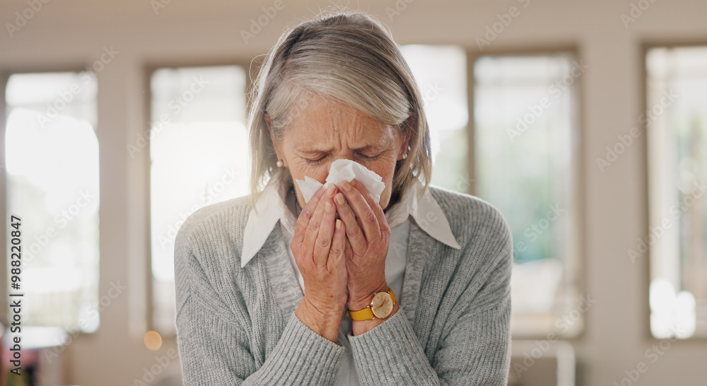 Senior woman, tissue and blowing nose in home, sick and retirement with flu, cold or sinus in morning. Elderly person, paper and cleaning for hygiene, allergies or sneeze with hay fever at apartment Senior woman, tissue and blowing nose in home, sick and retirement with flu, cold or sinus in morning. Elderly person, paper and cleaning for hygiene, allergies or sneeze with hay fever at apartment