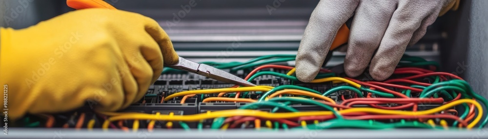 A close-up view of hands working on colorful wires, demonstrating electrical maintenance and repair skills with precision tools. A close-up view of hands working on colorful wires, demonstrating electrical maintenance and repair skills with precision tools.